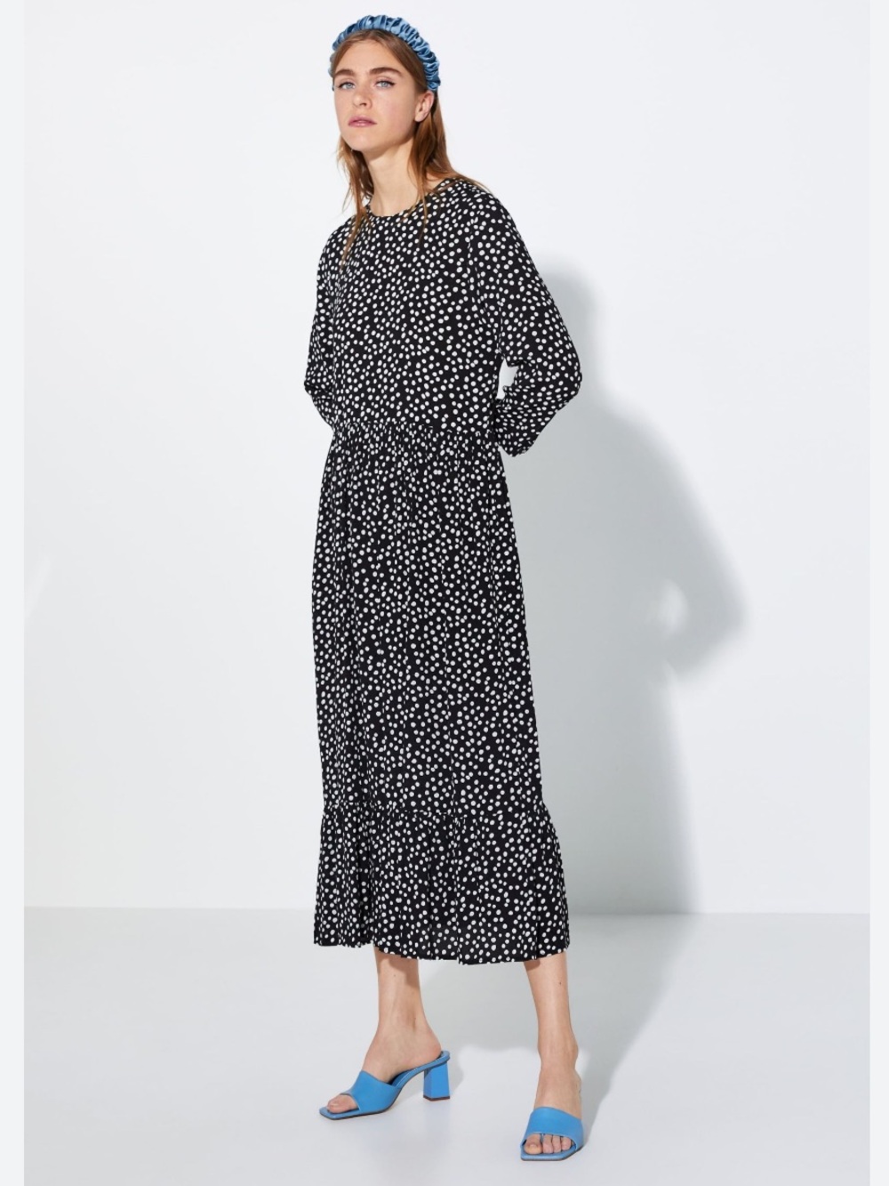 ZARA Blue Polka Dot Long Sleeve Midi Dress - Women